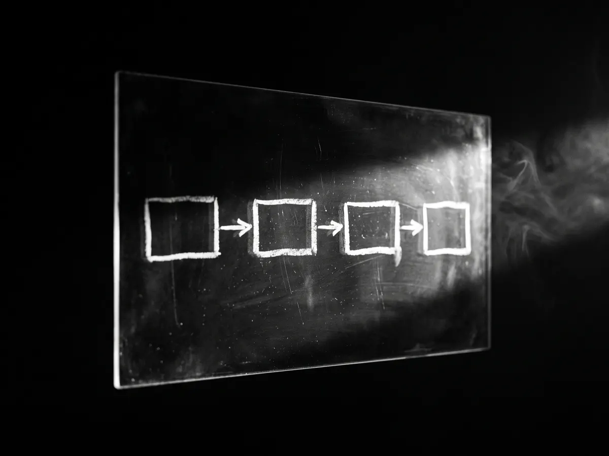 Empty boxes and arrows chalked on a pane of glass, glowing in a black void