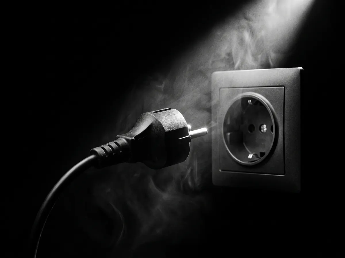 A European plug with round pins about to meet its wall socket, caught in a shaft of light