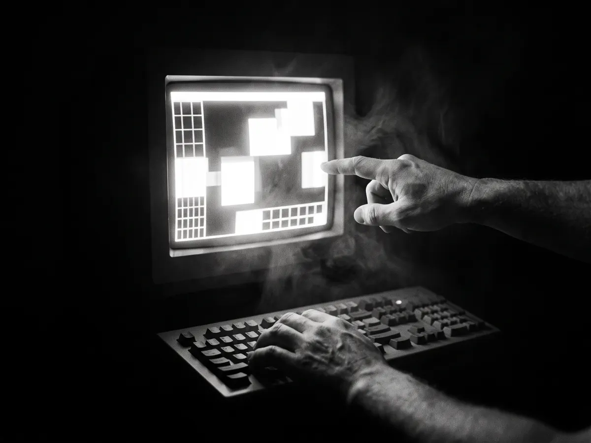 A hand pointing at a glowing screen while another rests on a keyboard, isolated in darkness