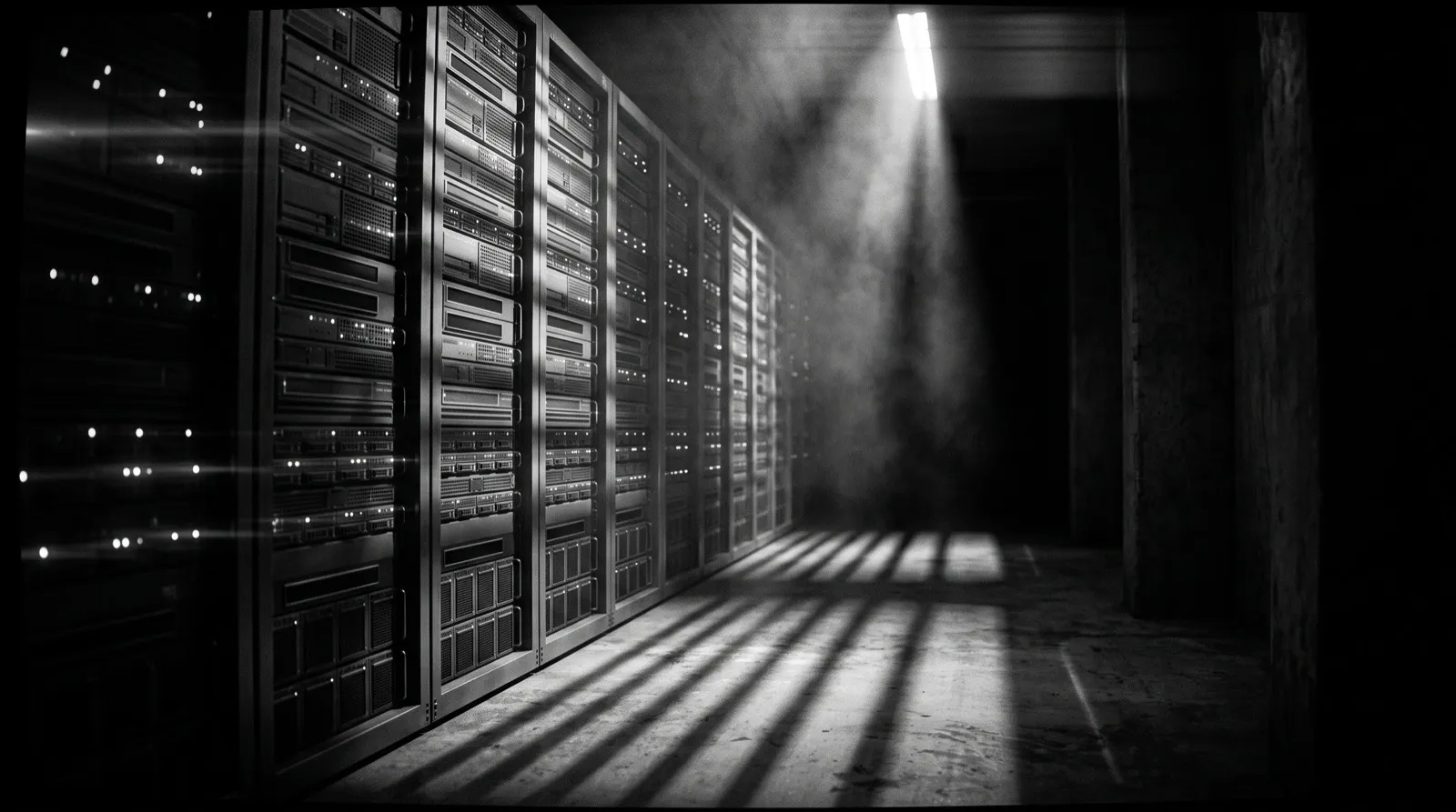 An empty corridor of machine racks studded with indicator lights, a shaft of light falling through smoke onto the floor