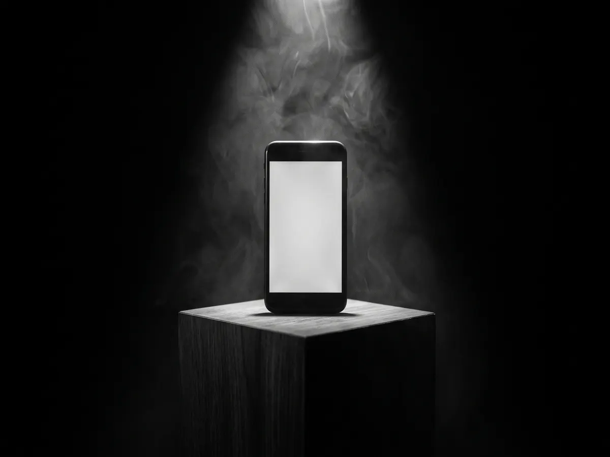 A smartphone standing upright on a plinth like an exhibit, its blank screen glowing under a single spotlight