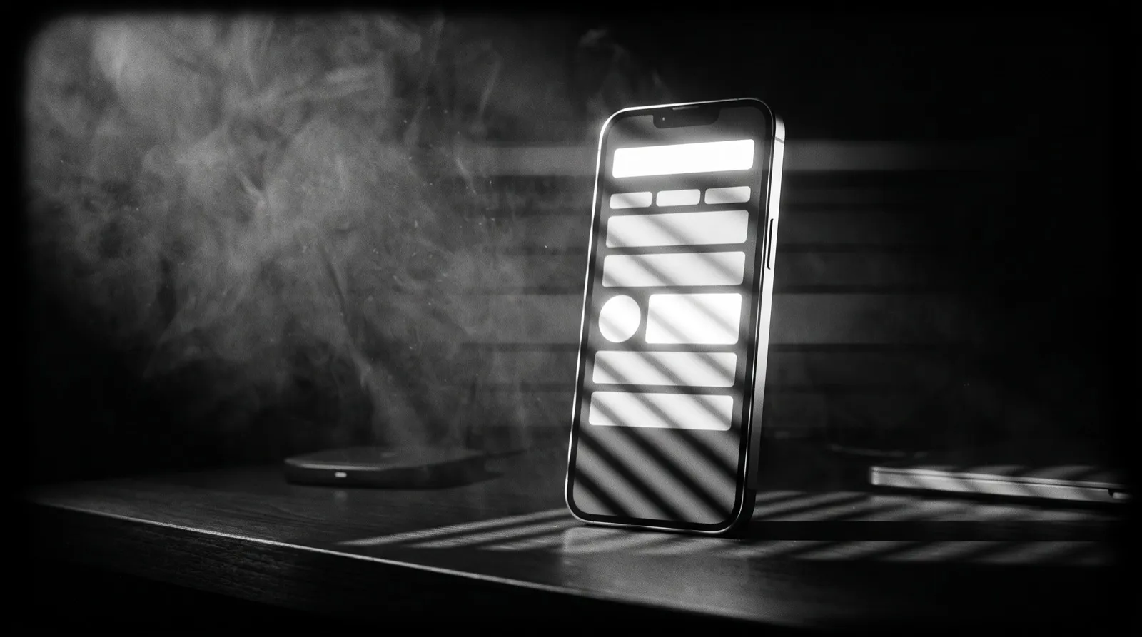 A smartphone upright on a dark desk, its screen glowing with an app layout in bright blocks, blind shadows falling across it