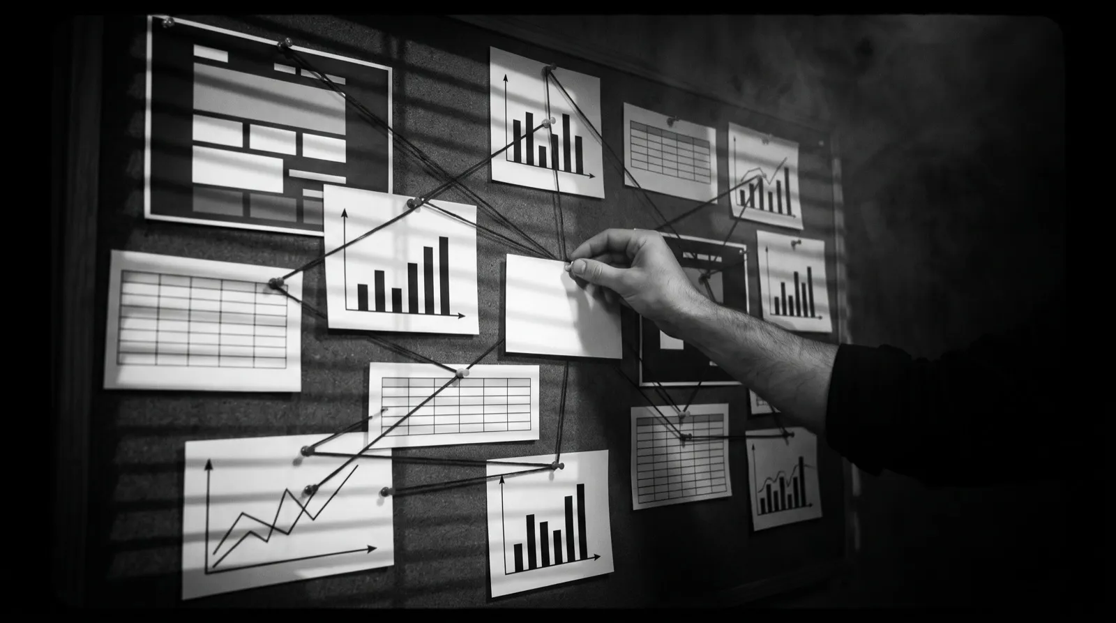 A board of pinned website mockups, bar charts and ruled data tables linked by string, a hand reaching in from shadow to pin one more