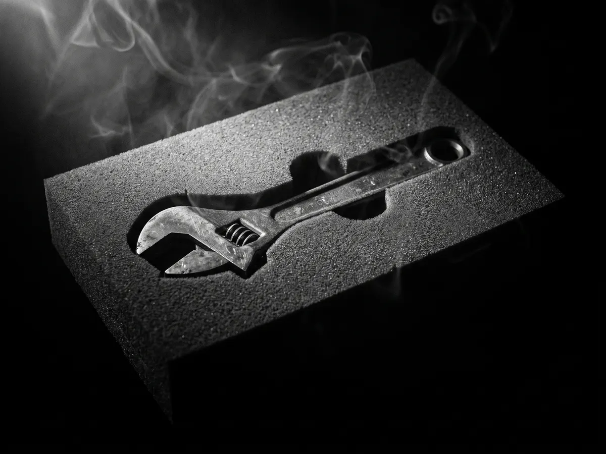 An adjustable wrench resting in a block of dark foam cut exactly to its shape