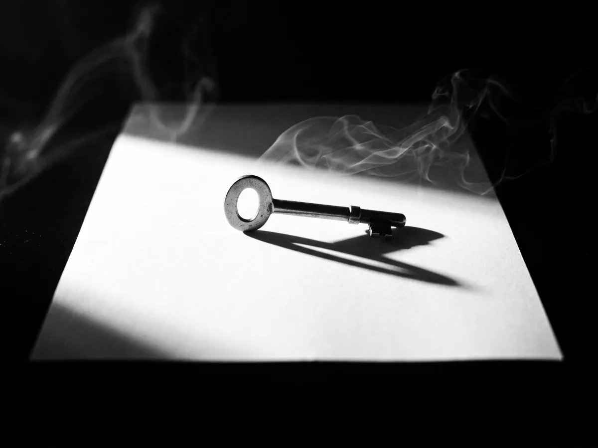 A single plain key on a bright sheet of paper, isolated in darkness