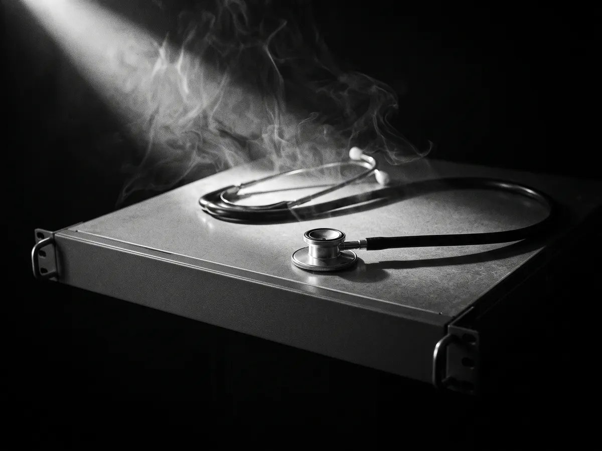A stethoscope resting on top of a rack server, a hard shaft of light falling across it