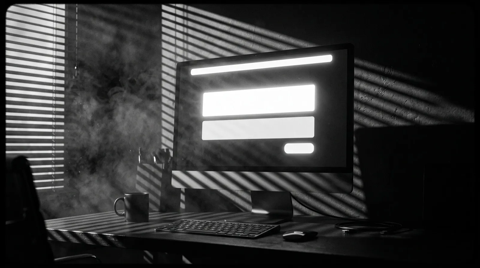 A computer monitor in a darkened office, its screen lit with a website hero layout as bright blocks, venetian blind shadows across the wall